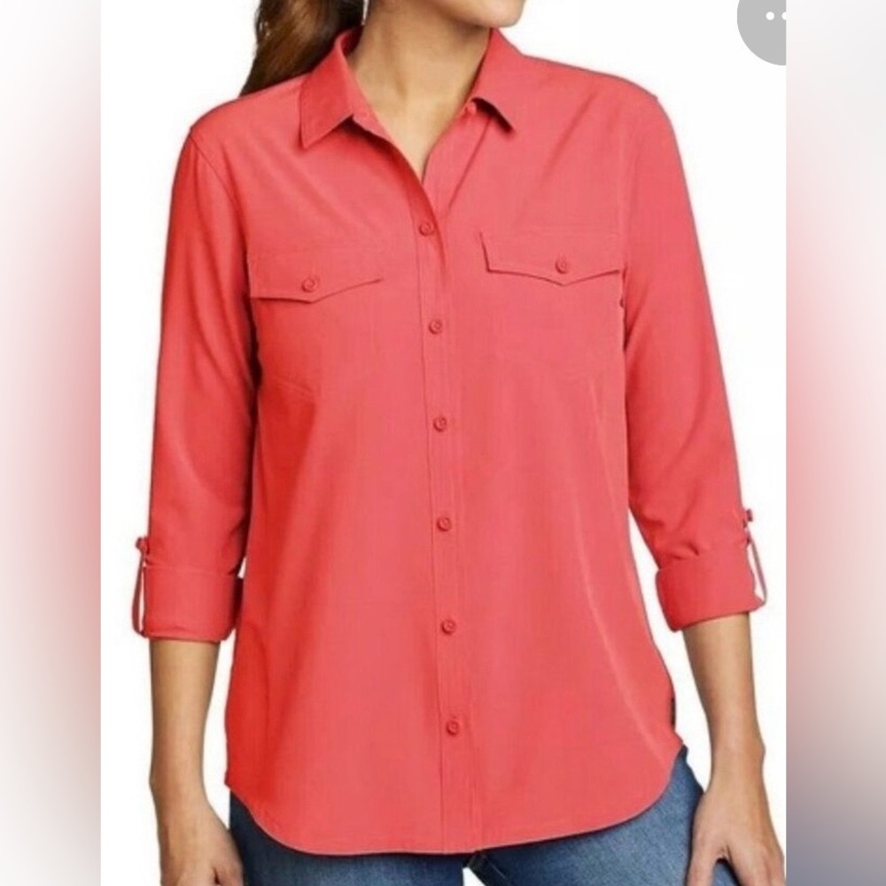 NWT Eddie Bauer Women’s Large Departure LS Shirts UPF 50 Coral Red